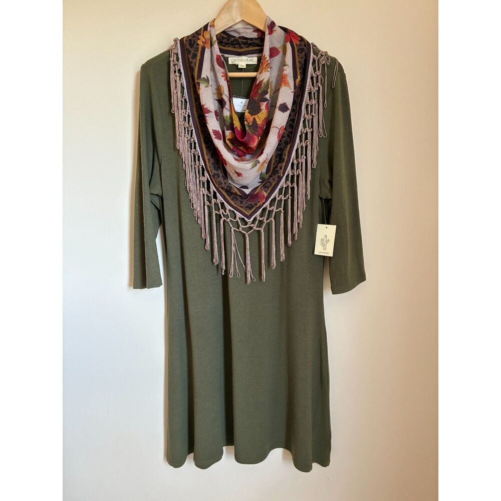 Cactus + Pearl Olive Green Dress & Autumnal Fringe Scarf Set